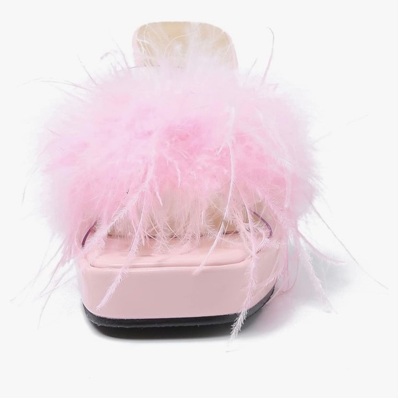 Amazon square toe platform chunky heel mule sandals with pink feather detail - Picture 5 of 7